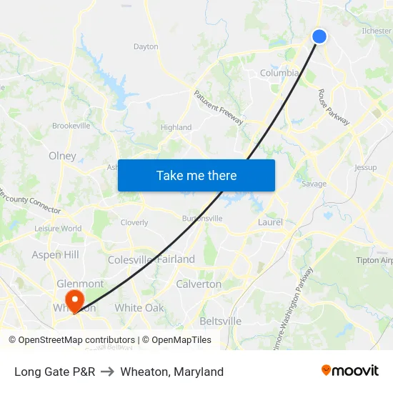 Long Gate P&R to Wheaton, Maryland map