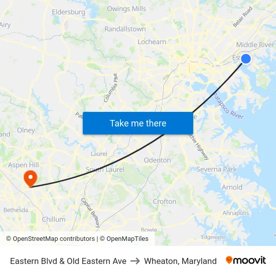 Eastern Blvd & Old Eastern Ave to Wheaton, Maryland map