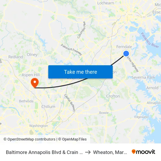 Baltimore Annapolis Blvd & Crain Hwy Eb to Wheaton, Maryland map