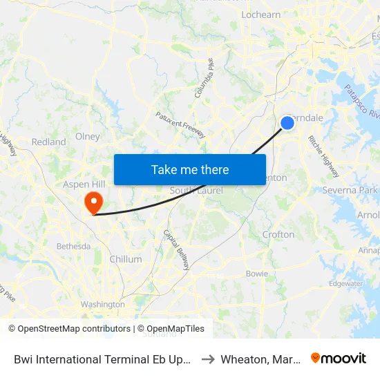 Bwi International Terminal Eb Upper Level to Wheaton, Maryland map