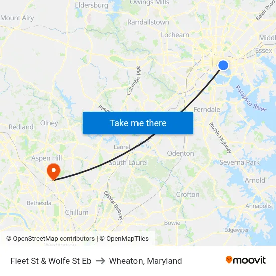 Fleet St & Wolfe St Eb to Wheaton, Maryland map