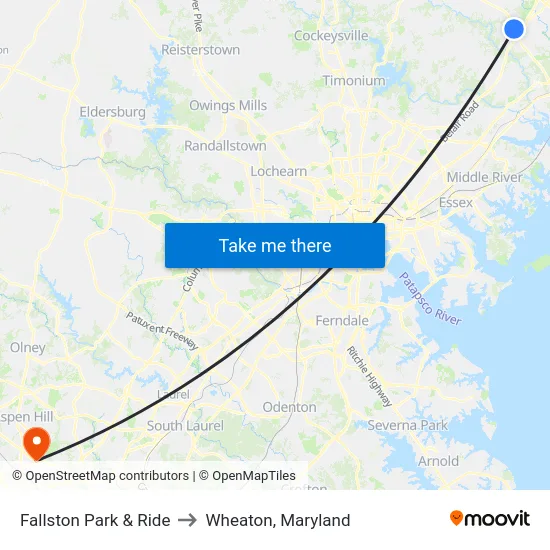 Fallston Park & Ride to Wheaton, Maryland map
