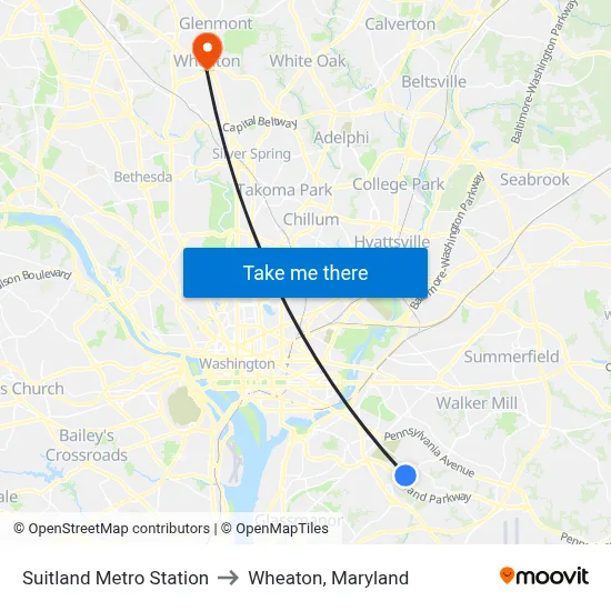 Suitland Metro Station to Wheaton, Maryland map