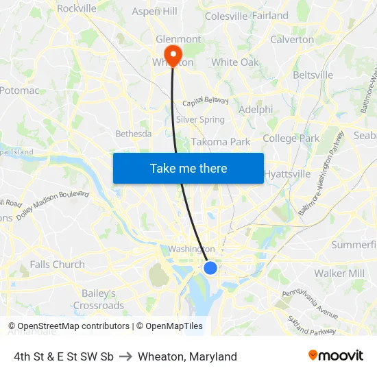4th St & E St SW Sb to Wheaton, Maryland map