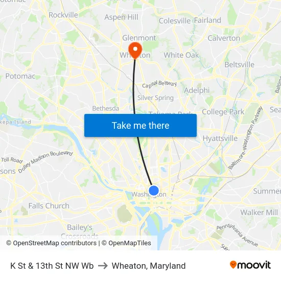 K St & 13th St NW Wb to Wheaton, Maryland map