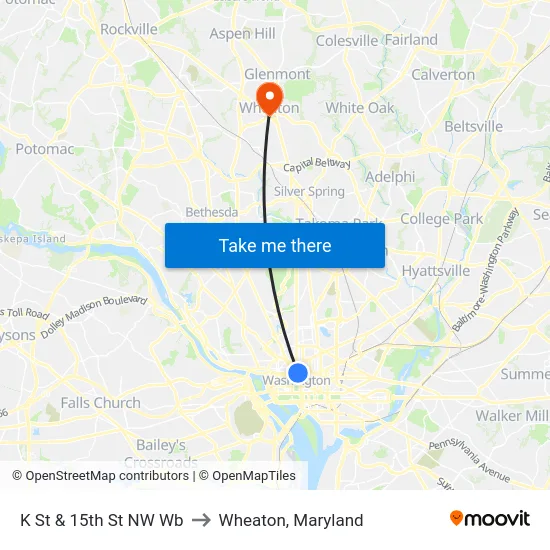 K St & 15th St NW Wb to Wheaton, Maryland map