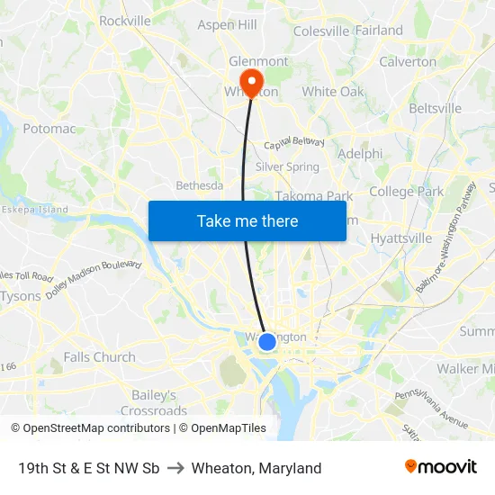 19th St & E St NW Sb to Wheaton, Maryland map