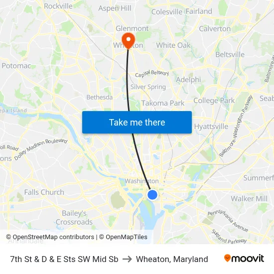 7th St & D & E Sts SW Mid Sb to Wheaton, Maryland map