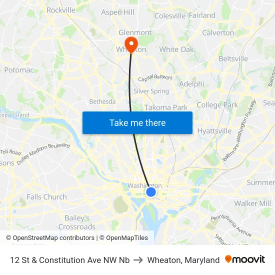 12 St & Constitution Ave NW Nb to Wheaton, Maryland map