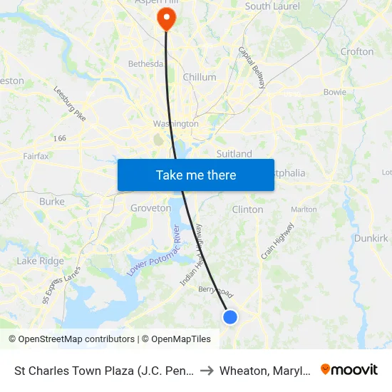 St Charles Town Plaza (J.C. Penney) to Wheaton, Maryland map