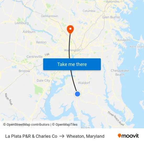 La Plata P&R & Charles Co to Wheaton, Maryland map