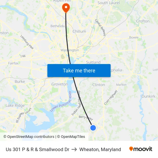 Us 301 P & R & Smallwood Dr to Wheaton, Maryland map