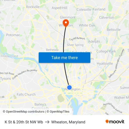K St & 20th St NW Wb to Wheaton, Maryland map