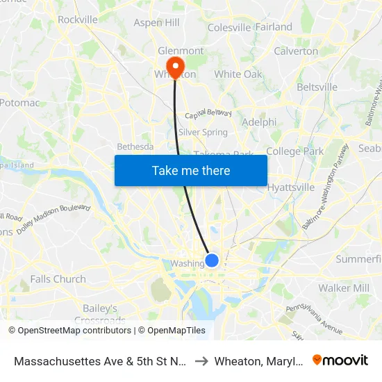 Massachusettes Ave & 5th St NW Eb to Wheaton, Maryland map