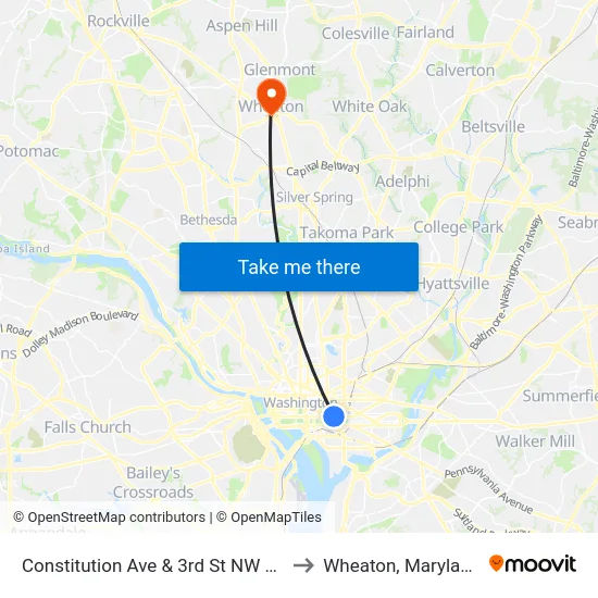 Constitution Ave & 3rd St NW Eb to Wheaton, Maryland map
