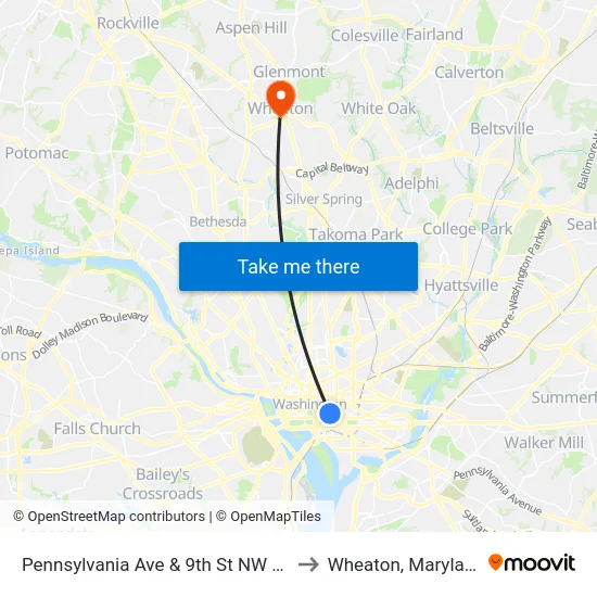 Pennsylvania Ave & 9th St NW Wb to Wheaton, Maryland map