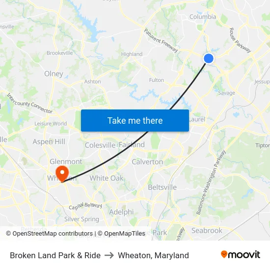 Broken Land Park & Ride to Wheaton, Maryland map