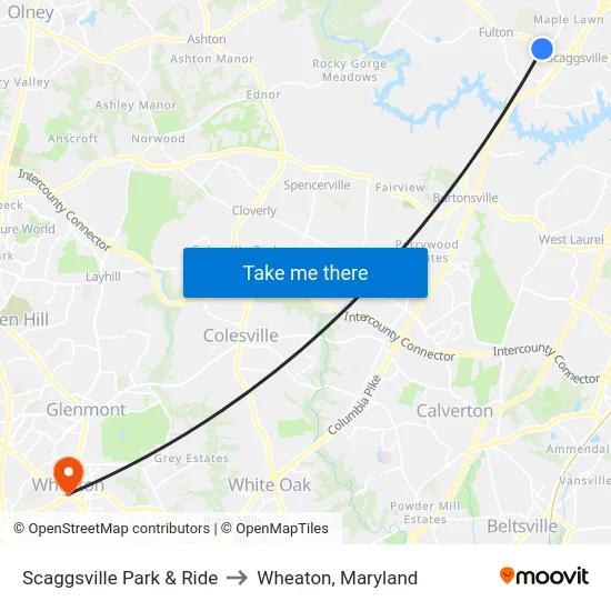 Scaggsville Park & Ride to Wheaton, Maryland map