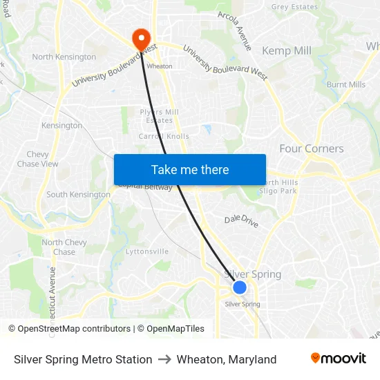 Silver Spring Metro Station to Wheaton, Maryland map