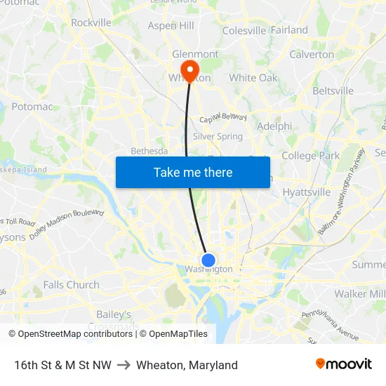 16th St & M St NW to Wheaton, Maryland map