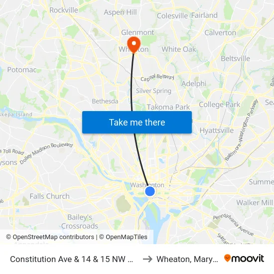 Constitution Ave & 14 & 15 NW Mid Wb to Wheaton, Maryland map