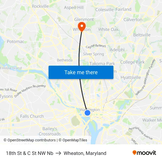 18th St & C St NW Nb to Wheaton, Maryland map