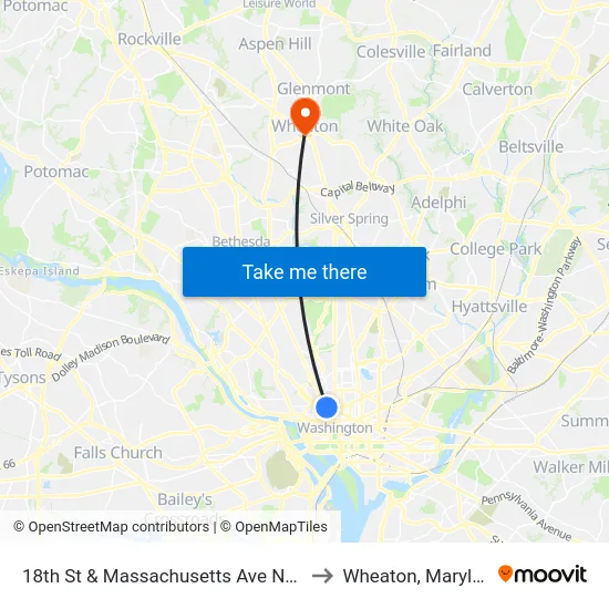 18th St & Massachusetts Ave NW Nb to Wheaton, Maryland map