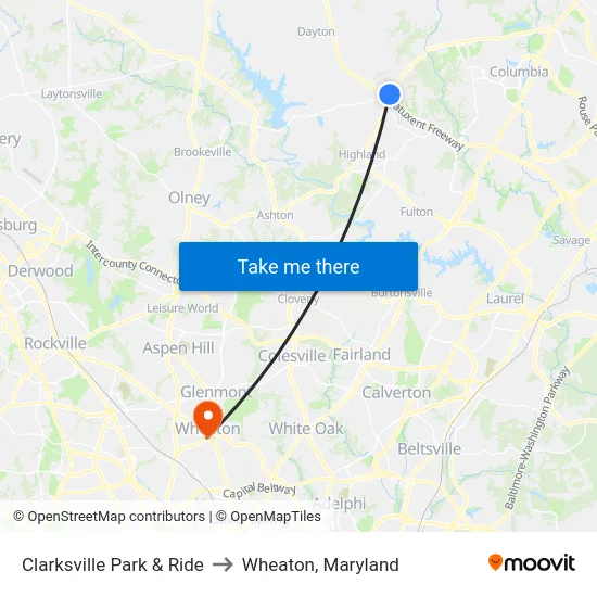 Clarksville Park & Ride to Wheaton, Maryland map