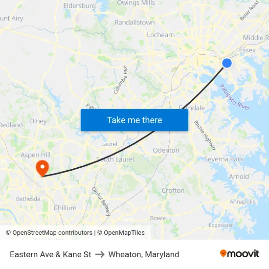 Eastern Ave & Kane St to Wheaton, Maryland map