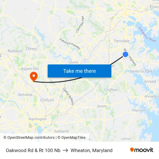 Oakwood Rd & Rt 100 Nb to Wheaton, Maryland map