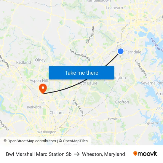 Bwi Marshall Marc Station Sb to Wheaton, Maryland map