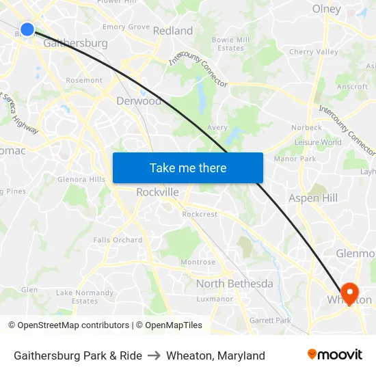 Gaithersburg Park & Ride to Wheaton, Maryland map