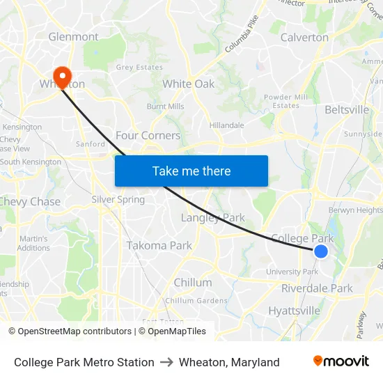 College Park Metro Station to Wheaton, Maryland map