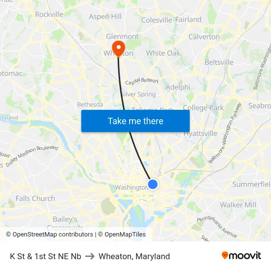 K St & 1st St NE Nb to Wheaton, Maryland map