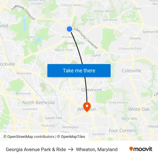Georgia Avenue Park & Ride to Wheaton, Maryland map