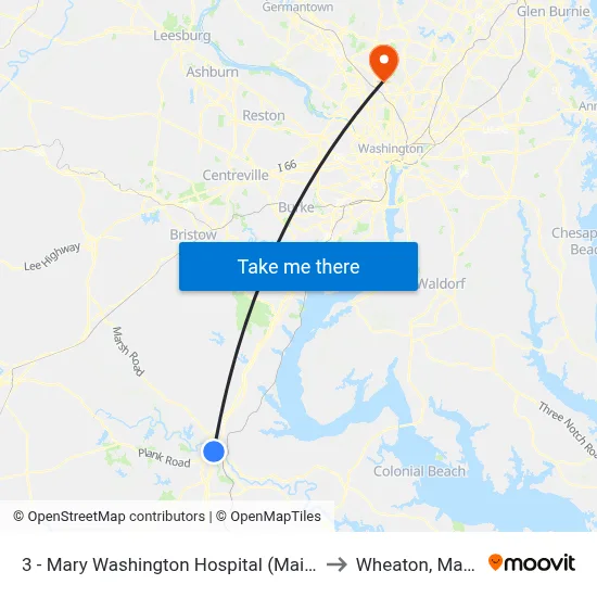 3 - Mary Washington Hospital (Main Entrance) to Wheaton, Maryland map