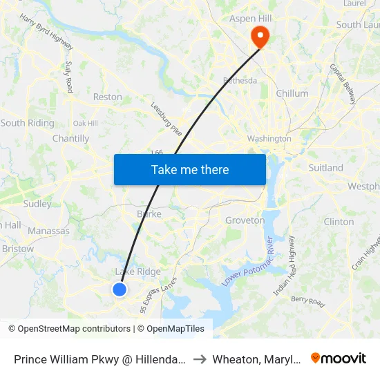 Prince William Pkwy @ Hillendale Dr to Wheaton, Maryland map