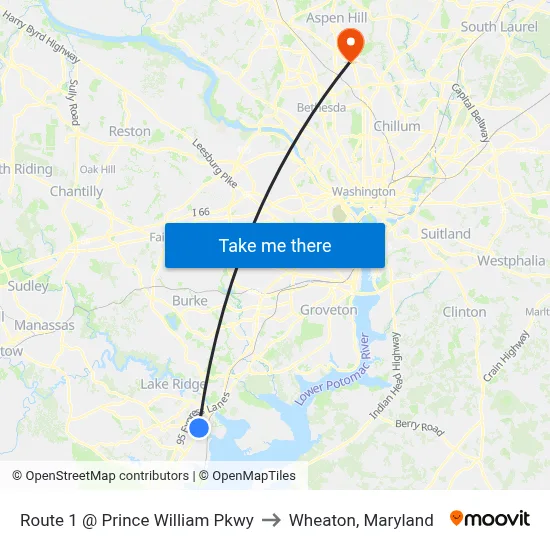 Route 1 @ Prince William Pkwy to Wheaton, Maryland map