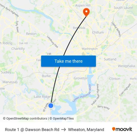 Route 1 @ Dawson Beach Rd to Wheaton, Maryland map