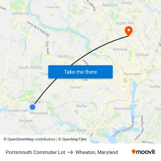Portsmouth Commuter Lot to Wheaton, Maryland map