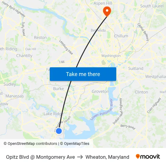 Opitz Blvd @ Montgomery Ave to Wheaton, Maryland map