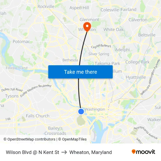 Wilson Blvd @ N Kent St to Wheaton, Maryland map
