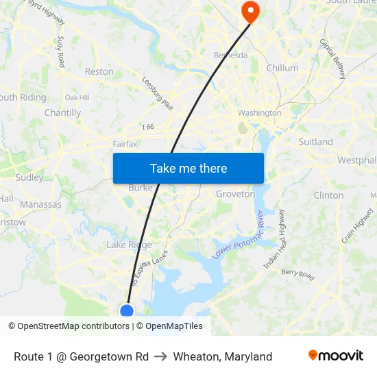 Route 1 @ Georgetown Rd to Wheaton, Maryland map