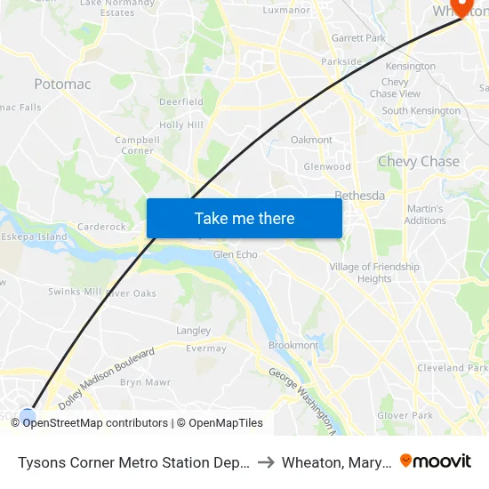 Tysons Corner Metro Station Departures to Wheaton, Maryland map