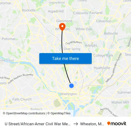 U Street/African-Amer Civil  War Memorial/ Cardozo to Wheaton, Maryland map