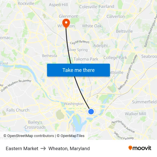 Eastern Market to Wheaton, Maryland map