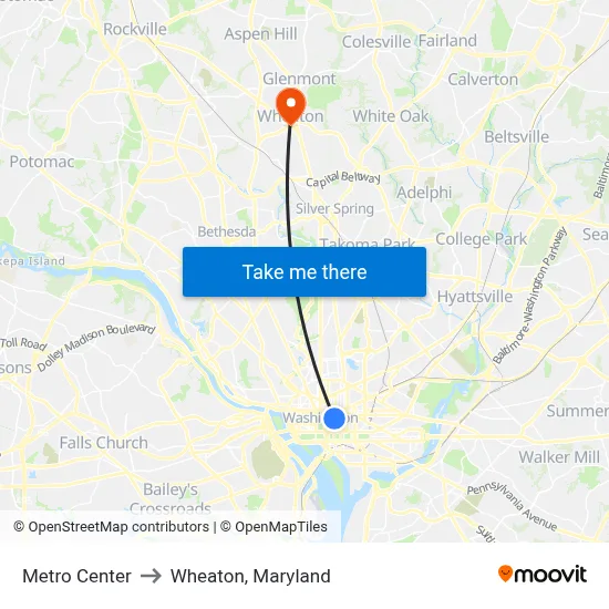 Metro Center to Wheaton, Maryland map