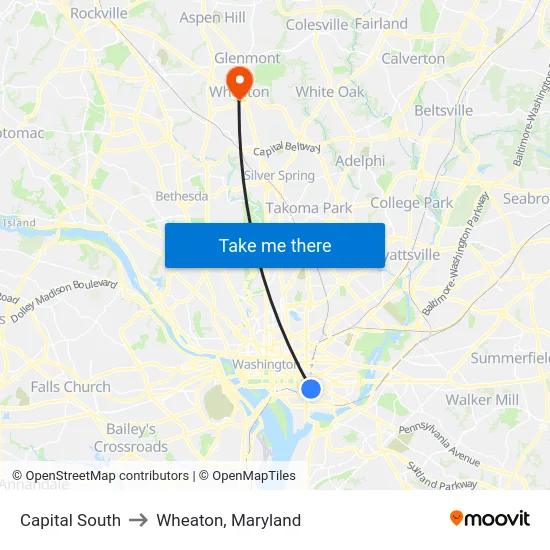 Capital South to Wheaton, Maryland map