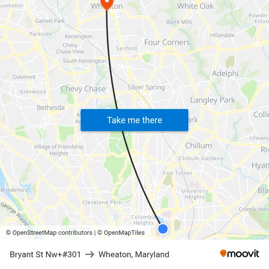 Bryant St Nw+#301 to Wheaton, Maryland map