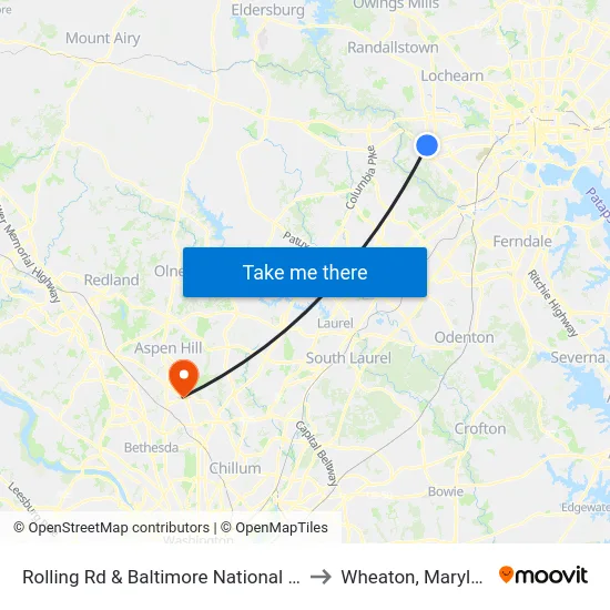 Rolling Rd & Baltimore National Pike to Wheaton, Maryland map